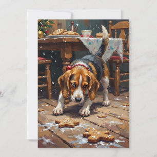 Beagle-hond volgt geurspoor van kerstkrans, speels feestdagenkaart