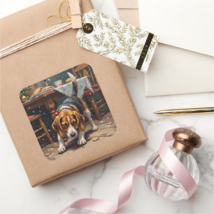 Beagle-hond volgt kaneelkoek Kerstpret Kunst Vierkante Sticker