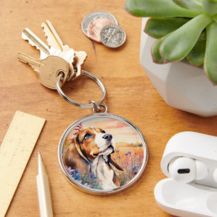 Beagle-hondenliefhebber met weide vol wilde bloeme sleutelhanger