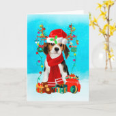 Beagle in de sneeuw met kerstcadeaus kaart (Gele Bloem)