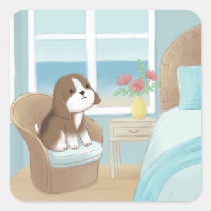 Beagle in slaapkamer illustratie vierkante sticker