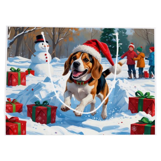 Beagle Kerstfeest Sneeuwscène Groot Cadeauzakje (Achterkant)