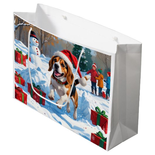 Beagle Kerstfeest Sneeuwscène Groot Cadeauzakje (Voorkant Gekanteld)