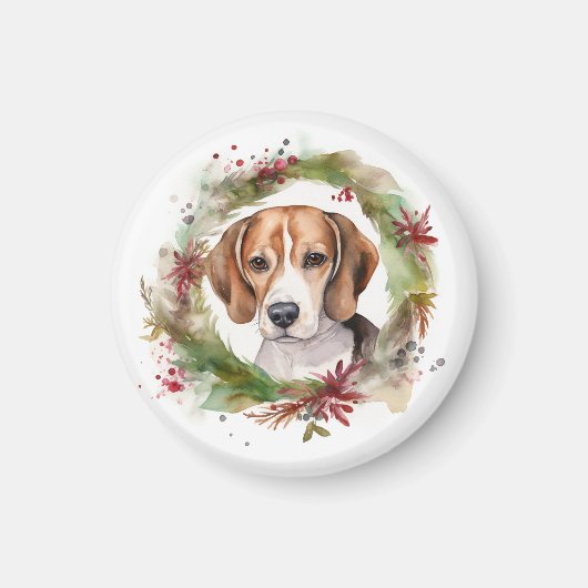 Beagle Kerstkrans Feestelijke Pup Magneet (Voorkant)