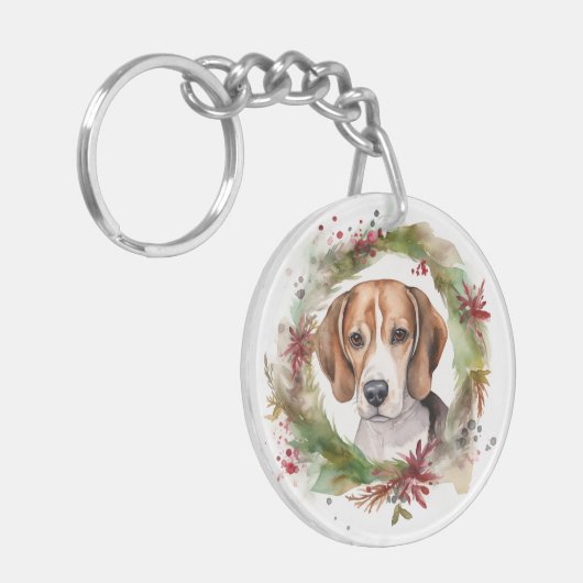 Beagle Kerstkrans Feestelijke Pup Sleutelhanger (Voorkant Links)