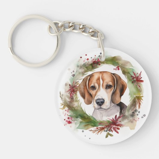 Beagle Kerstkrans Feestelijke Pup Sleutelhanger (Voorkant)