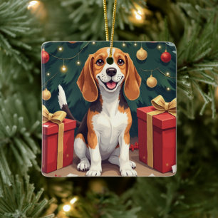 Beagle kerstochtend cadeau uitpakken schilderij keramisch ornament