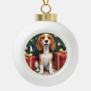 Beagle kerstochtend cadeau uitpakken schilderij keramische bal ornament