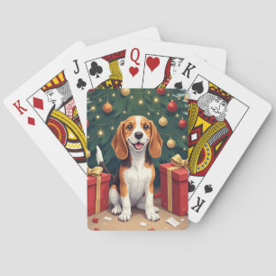 Beagle kerstochtend cadeau uitpakken schilderij pokerkaarten