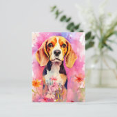 Beagle met bloemen Waterverf Briefkaart (Staand voorkant)