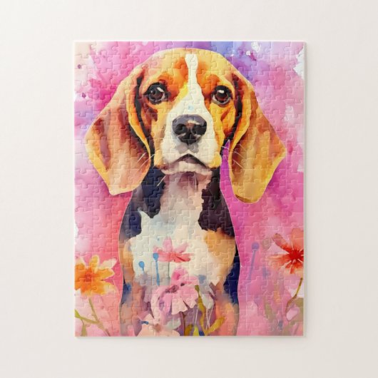 Beagle met bloemen Waterverf Legpuzzel (Verticaal)
