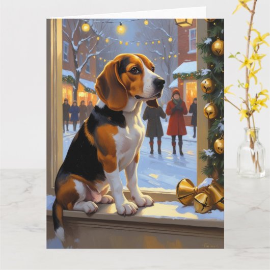 Beagle met kerstverlichting vakantie kaart (Gele Bloem)