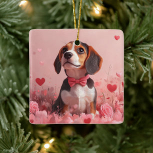 Beagle met rozen - Valentijnsdag Keramisch Ornament