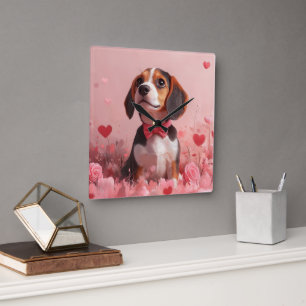 Beagle met rozen - Valentijnsdag Vierkante Klok