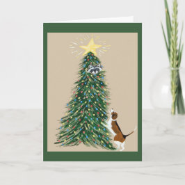 Beagle Met Wasbeer in Kerstboom Kaart