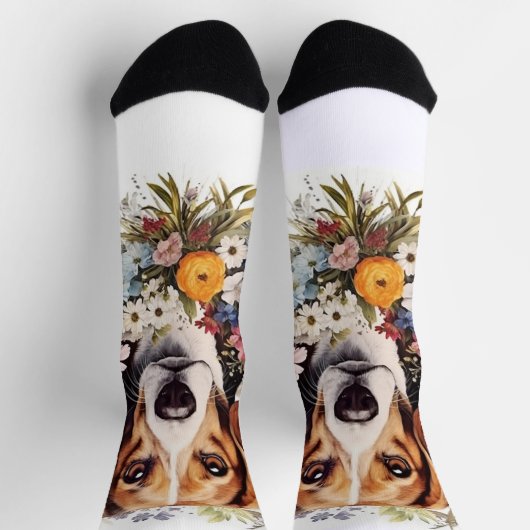 Beagle Portret Bloemen Wit Sokken (Top)