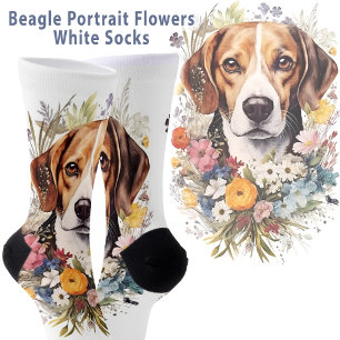 Beagle Portret Bloemen Wit Sokken
