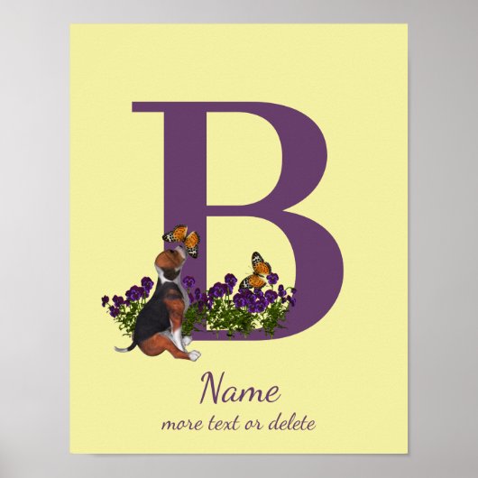 Beagle Puppy Butterflies Monogram Initiaal B Naam Poster (Voorkant)