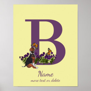 Beagle Puppy Butterflies Monogram Initial B Name Poster