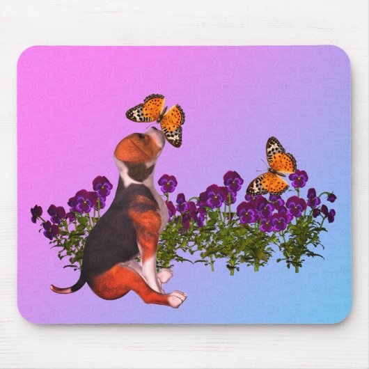 Beagle Puppy Butterflies Pansies Muismat (Voorkant)