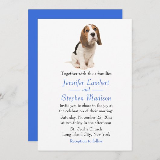 Beagle Puppy Dog Blue Wedding Invitation Kaart (Voorkant / Achterkant)