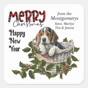 Beagle Puppy Holly Basket Kerstmis Vierkante Sticker