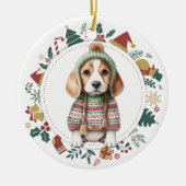 Beagle Puppy in Winter Sweater Kerstmis Keramisch Ornament (Voorkant)