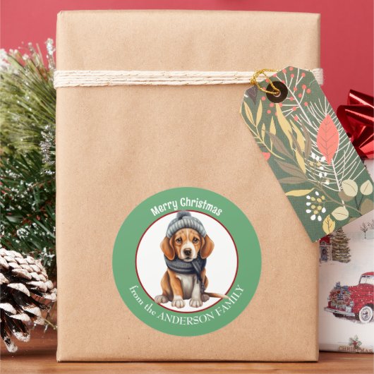 Beagle Puppy in Wintersjaal en Pet Kerst Ronde Sticker (Feestdagen)