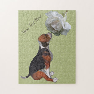 Beagle Puppy Smelling White Rose Persoonlijk Legpuzzel