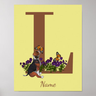 Beagle Puppy Vlinders Monogram Eerste Letter L Naa Poster