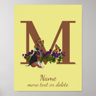 Beagle Puppy Vlinders Monogram Eerste M Naam Poster