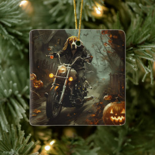 Beagle Rijdend op Motorfiets Halloween Eng Keramisch Ornament