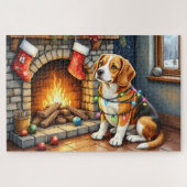 Beagle Sitting by Fireplace with Christmas Lights Legpuzzel (Horizontaal)