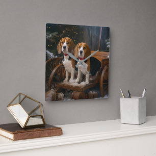 Beagle Sneeuw Slede Kerst Decoratie Vierkante Klok