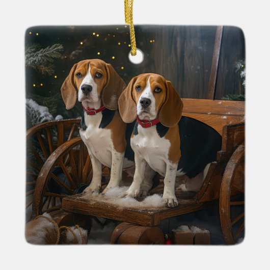 Beagle Snowy Sleigh Kerstmisdecor Keramisch Ornament (Voorkant)
