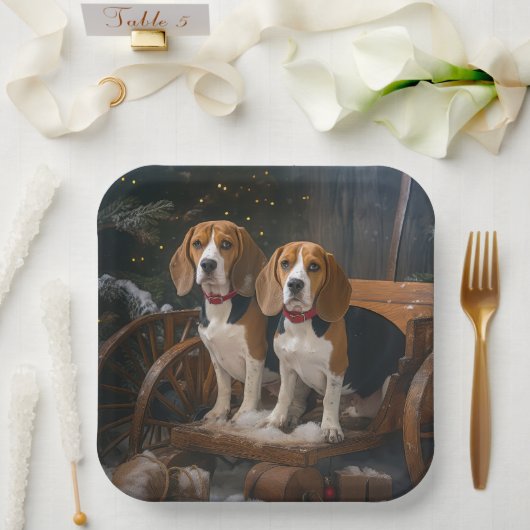 Beagle Snowy Sleigh Kerstmisdecor Papieren Bordje (Huwelijk)