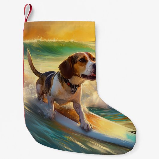 Beagle strand surfen schilderij kleine kerstsok (Voorkant)