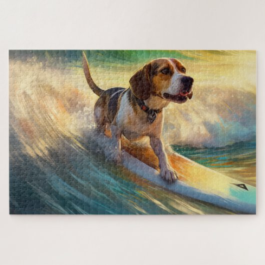 Beagle strand surfen schilderij legpuzzel (Horizontaal)