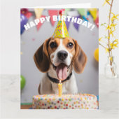 Beagle verjaardagsfeestje kaart (Gele Bloem)