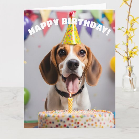 Beagle verjaardagsfeestje kaart (Gele Bloem)