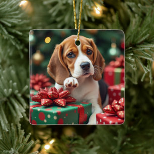 Beagle verpakt cadeaus Kerstschilderij Keramisch Ornament