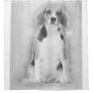 Beagle wordt in potlood getekend met een zilveren douchegordijn