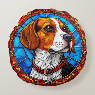 Beaglehond in levendig glas-in-loodkunst rond kussen