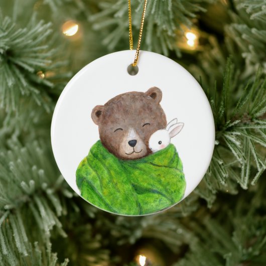 Bear and Bunny in Big Green Blanket Custom Name Keramisch Ornament (Boom)
