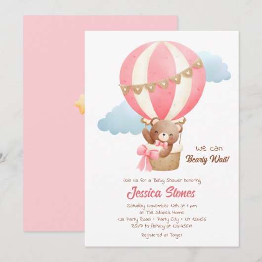 Bear Baby Girl Douche Invitations Hot Air Ballons (Devant / Derrière)