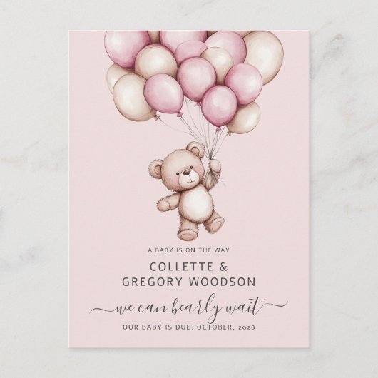 Bear Baby Girl Pink Budget Pregnancy Reveal Aankondigingskaart (Voorkant)