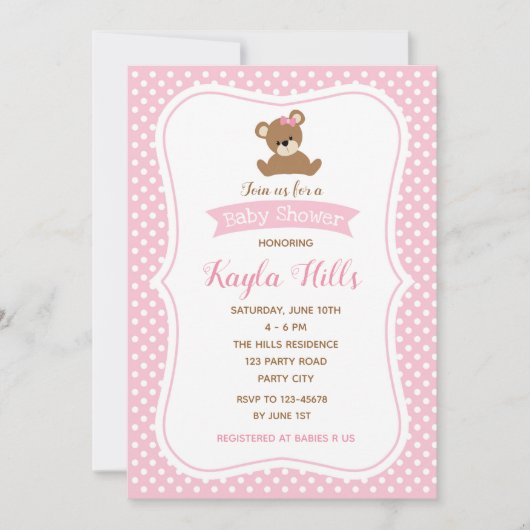 Bear Baby Shower Invitations (Girl) Pink Poka Dot (Devant)