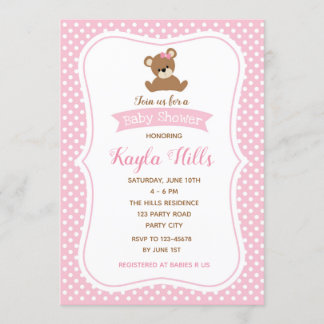 Bear Baby Shower Invitations (Girl) Pink Poka Dot