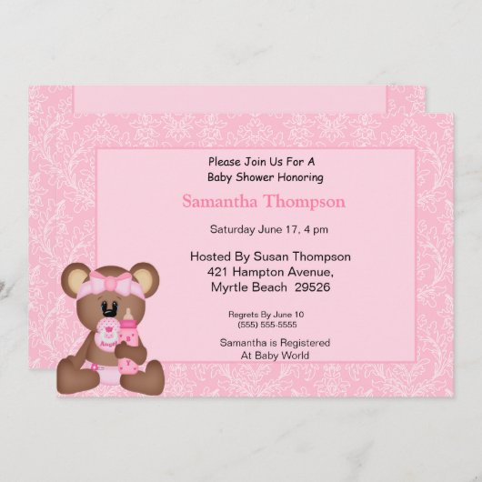 Bear Baby Shower Invitations (Rose) (Devant / Derrière)