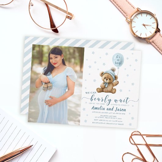 Bear ballon garçon baby shower photo invitation